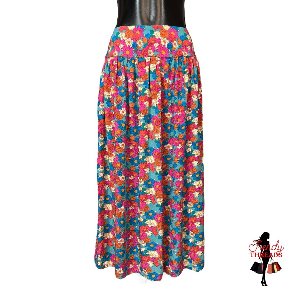 Natural Life Boho Midi Skirt Medium Floral Bohemian Feminine Cottage Blue Pink